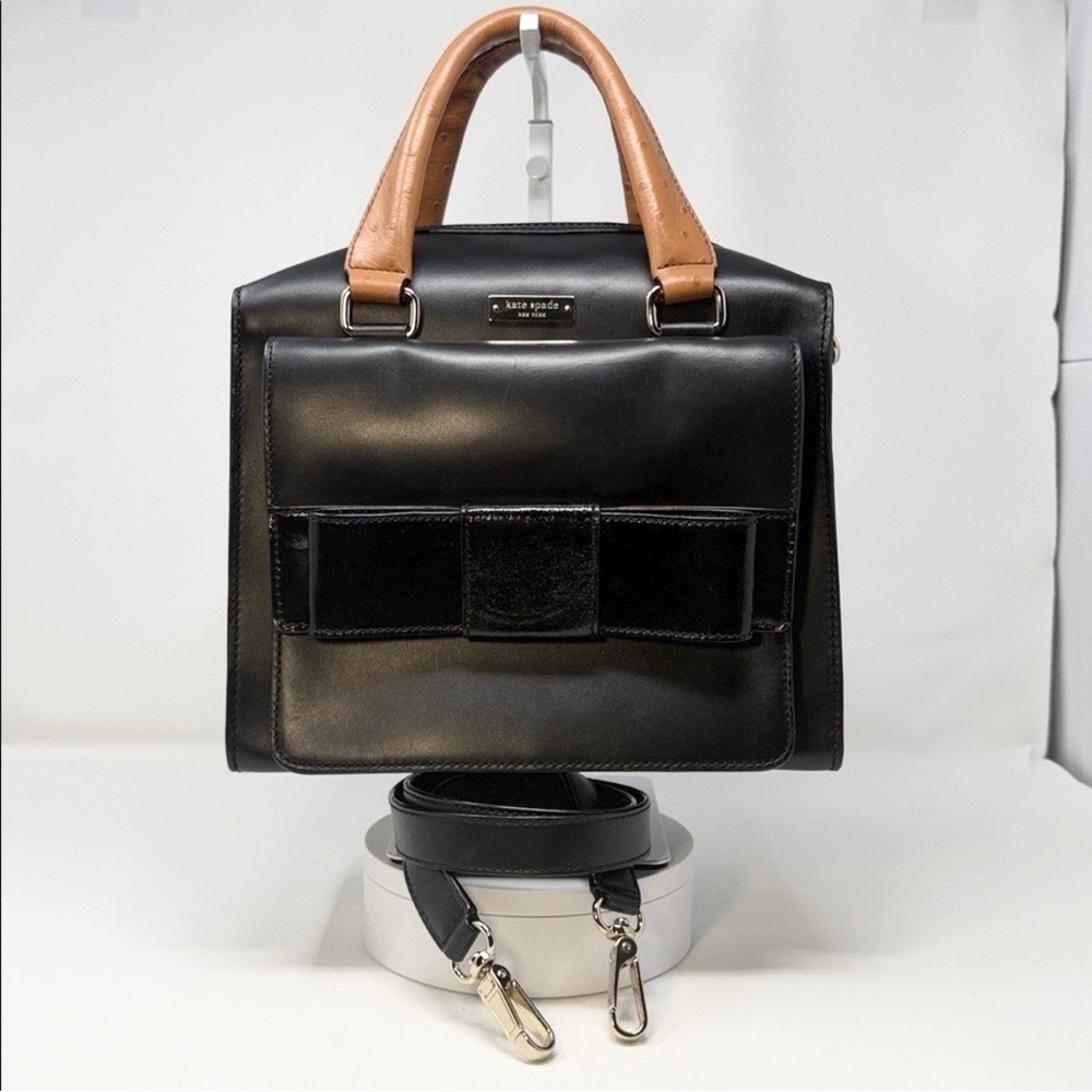 Kate Spade Bow Bridge Kennedy Satchel Black Leather Ostrich Trim Crossbody Bag - Picture 3 of 11